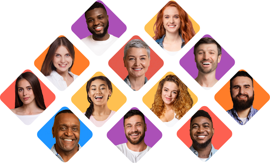 Diverse consumers represented in colorful diamond shapes